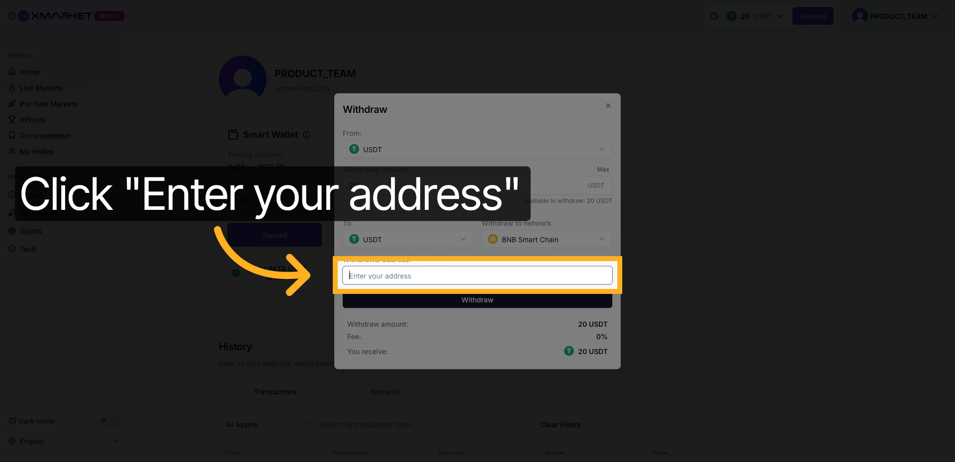 Network selection and wallet address fields